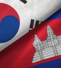 Cambodia and South Korea two flags together textile cloth, fabric texture