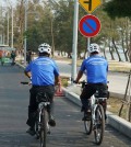 Preah Sihanouk police deploy bicycles to patrol along the beach. Police