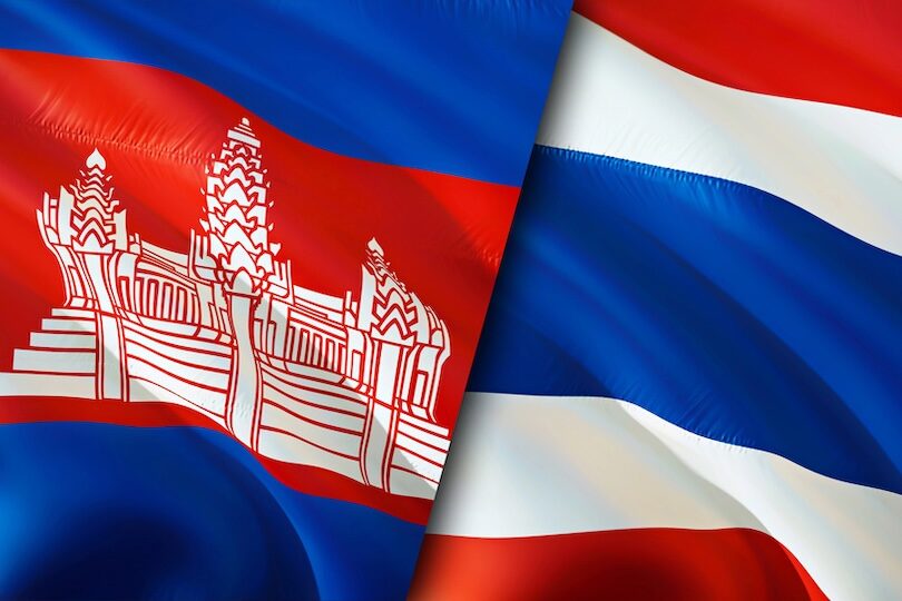 Cambodia and Thailand flags. 3D Waving flag design. Cambodia Thailand flag, picture, wallpaper. Cambodia vs Thailand image,3D rendering. Cambodia Thailand relations alliance and Trade,travel,tourism